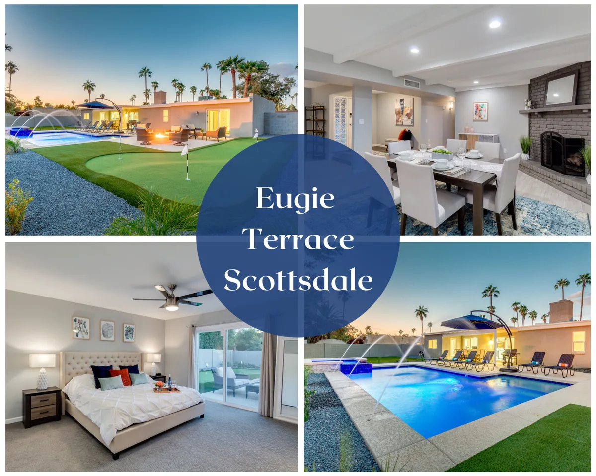 This image showcases an inviting backyard with a swimming pool, outdoor seating area, dining table, and a cozy fire pit. The scene highlights lush landscaping, comfortable lounge areas, and space for family gatherings or relaxing under the stars.